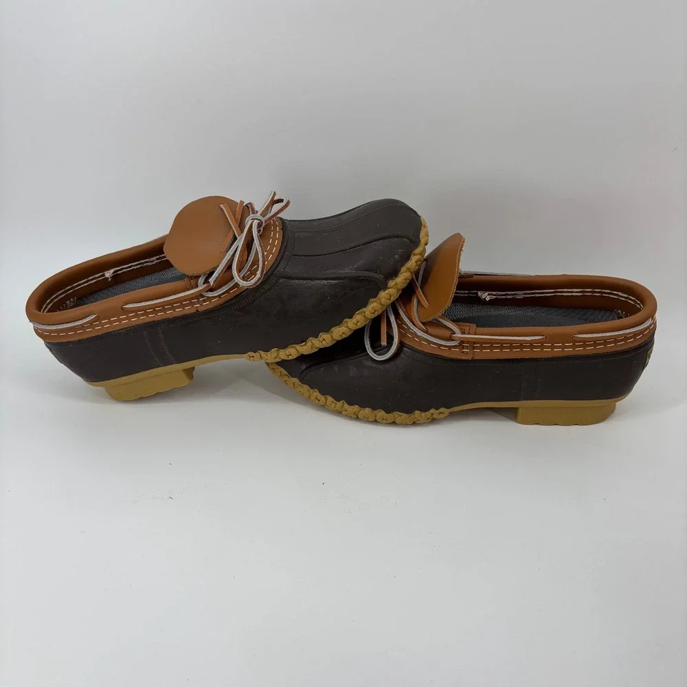 L.L. Bean Mens Rubber Moc Size 9 Brown Tan Duck Shoes Low Top Leather Rain Gear
